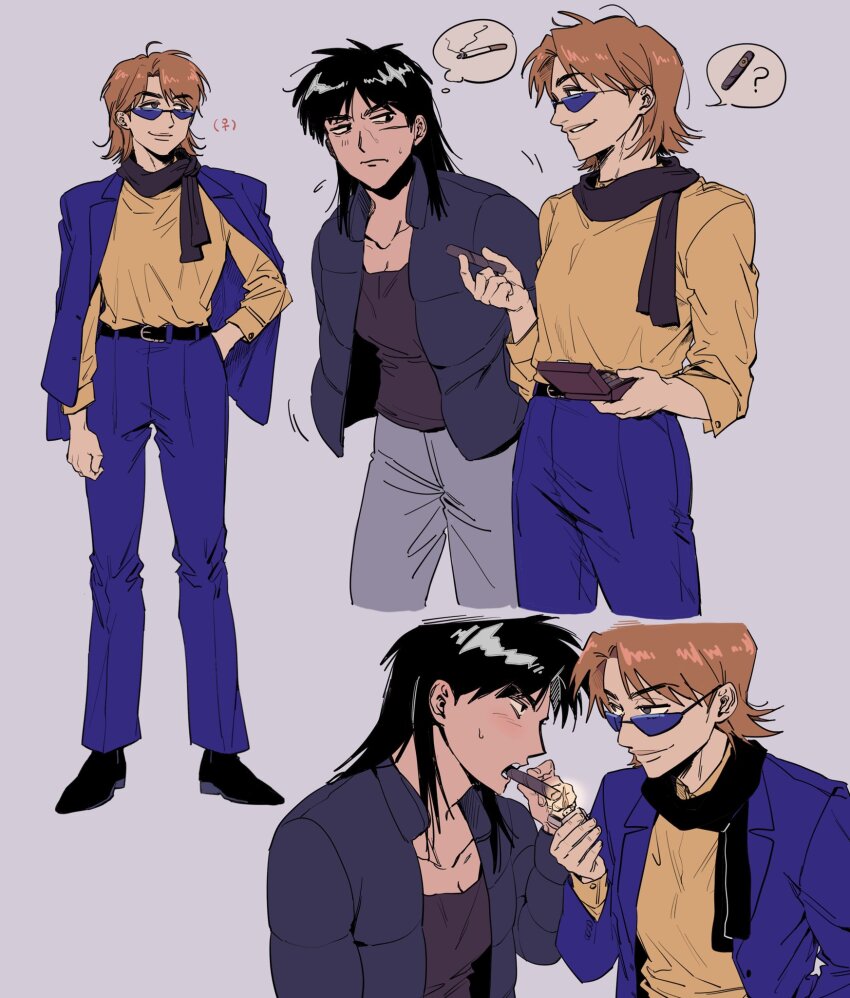 2girls, black_coat, black_eyes, black_footwear, black_hair, black_scarf, black_shirt, blue-tinted_eyewear