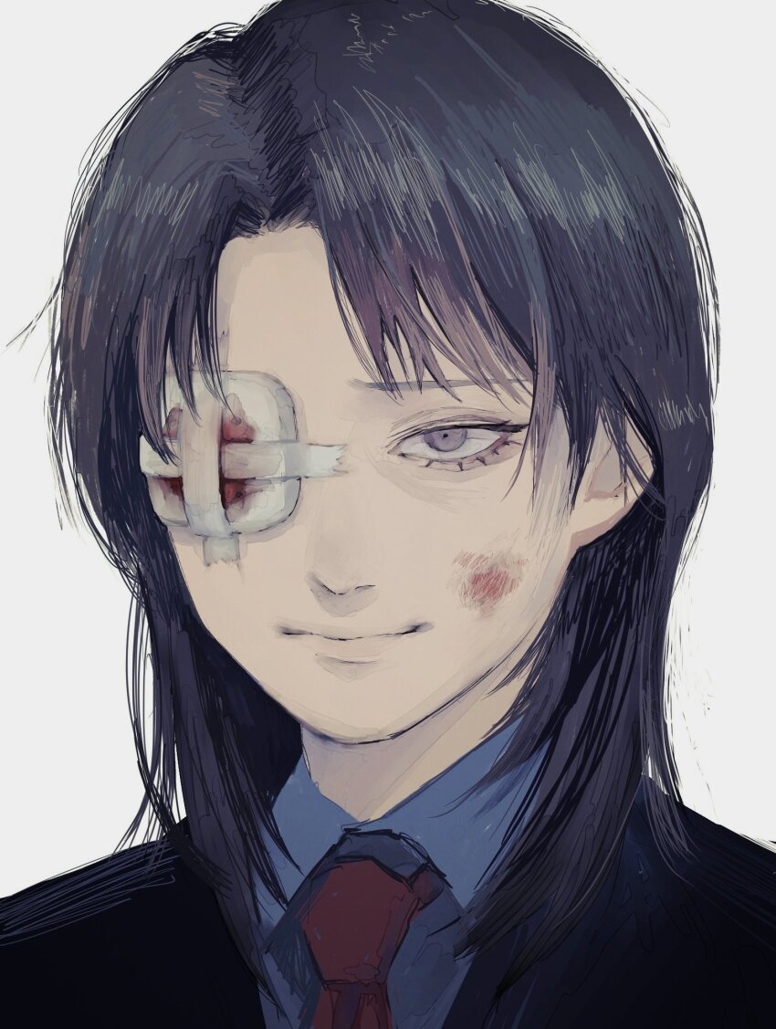 1boy, bandage_over_one_eye, black_hair, black_jacket, blood, blood_on_face, closed_mouth, collared_shirt