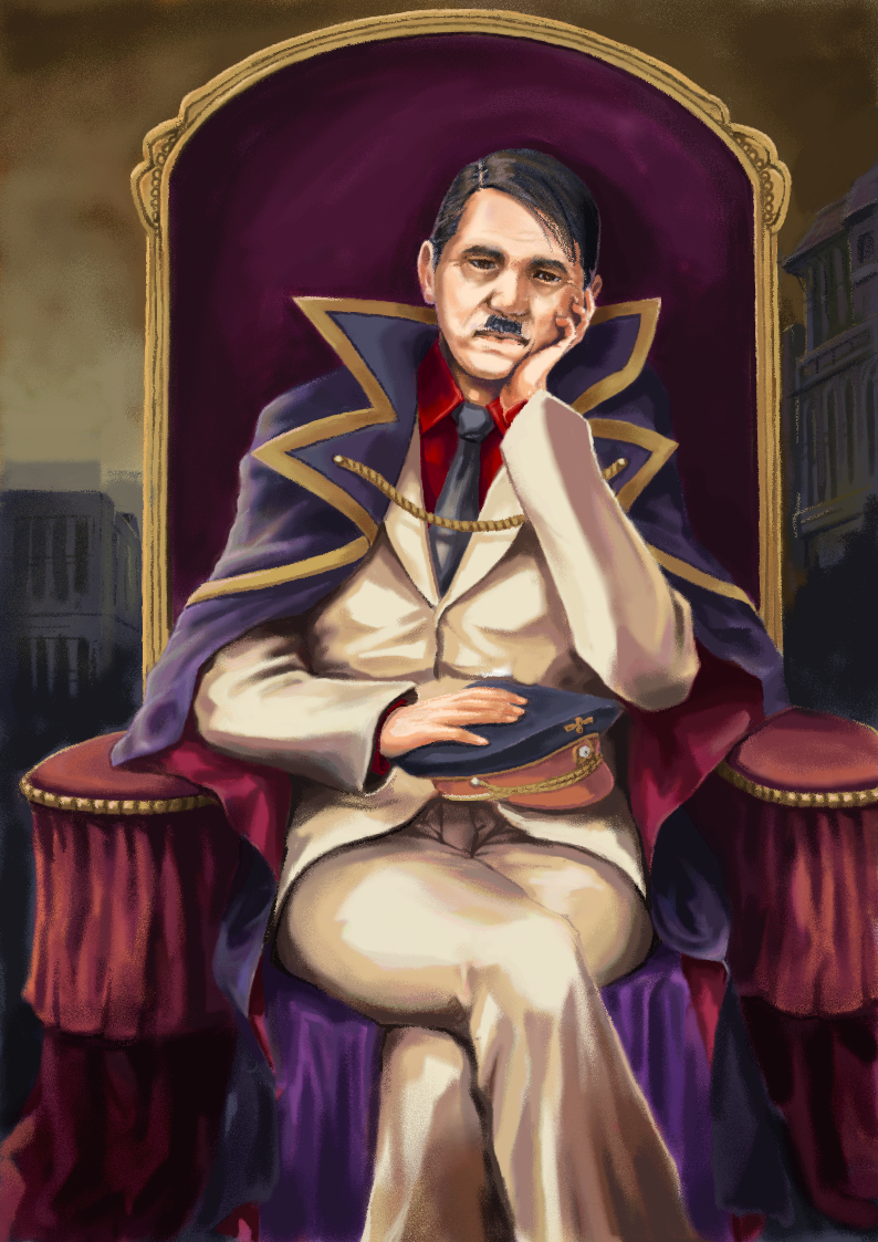 1boy, adolf_hitler, cape, chair, cosplay, crossed_legs, crossover, facial_hair, formal_clothes, fusion, futanari_(artist), head_rest, male_focus, mustache, necktie, on_throne, parody, real_life, real_life_insert, sitting, solo, suit, throne, toothbrush_mustache, umineko_no_naku_koro_ni, ushiromiya_battler, ushiromiya_battler_(cosplay)