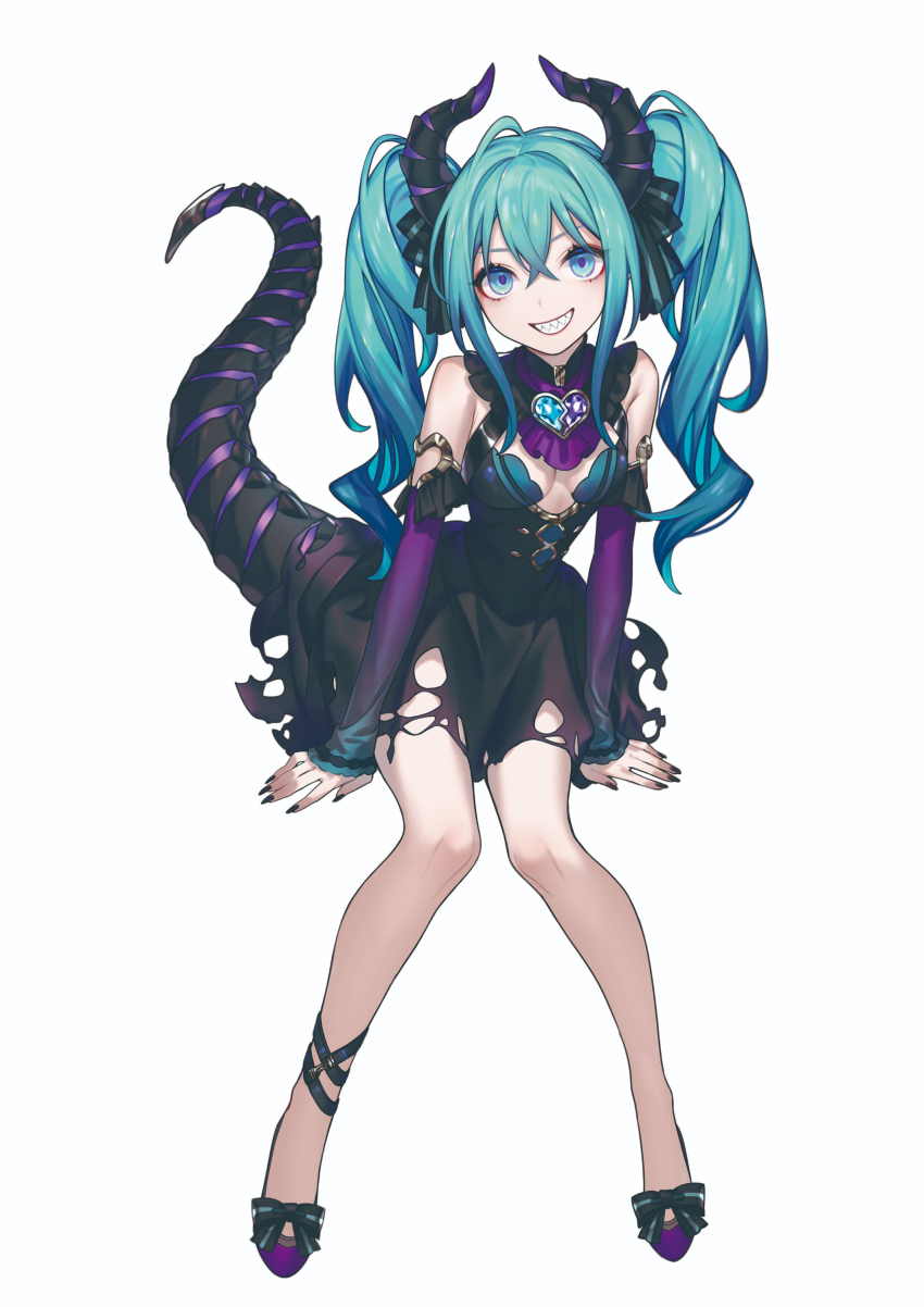 1girl, absurdres, aqua_eyes, aqua_hair, arm_support, bare_shoulders, black_dress, black_nails
