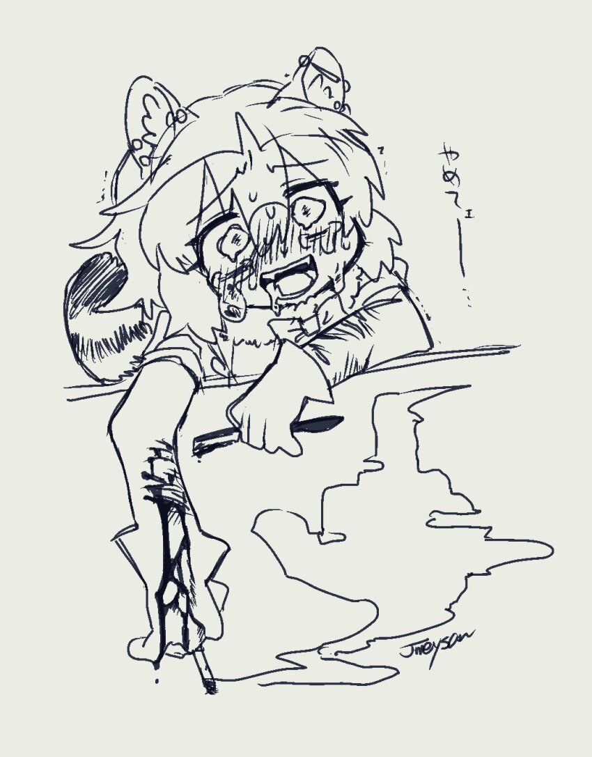 1girl, animal_ears, bad_id, bad_twitter_id, bleeding, blood, blood_on_arm, blush, cigarette, commentary_request, common_raccoon_(kemono_friends), crying, crying_with_eyes_open, cuts, drooling, gloves, hair_between_eyes, highres, holding, holding_cigarette, holding_razor, inactive_account, injury, jmeysan, kemono_friends, looking_at_viewer, monochrome, mouth_drool, nervous_sweating, open_mouth, raccoon_ears, raccoon_girl, raccoon_tail, razor, scar, self-harm, self-harm_scar, short_hair, short_sleeves, smile, smoke, solo, straight_razor, sweat, tail, tears, translation_request, wrist_cutting