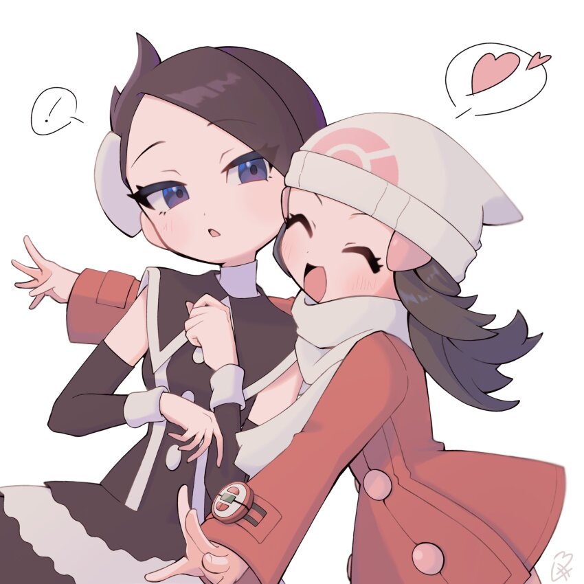 !, 2girls, beanie, black_dress, black_hair, black_sleeves, blue_eyes, bow