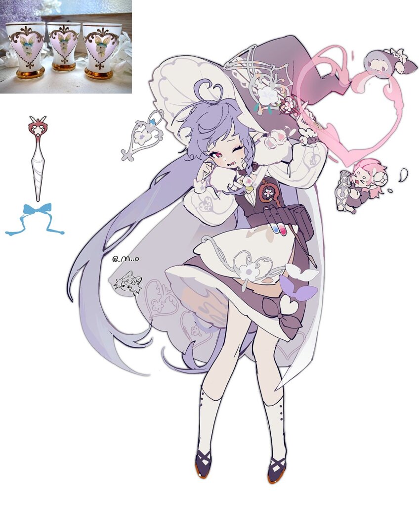 >_<, 1girl, 2boys, ankle_socks, antenna_hair, apron, arin_(fanfan013), belt