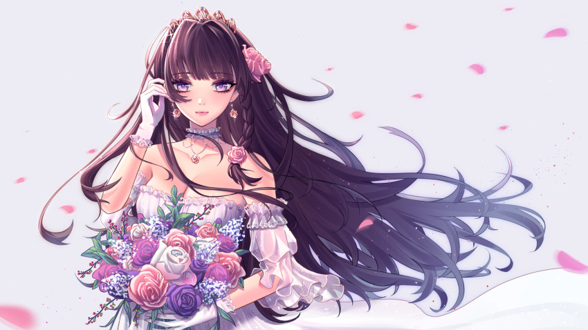 1girl, 713meng, baby's-breath, black_hair, blunt_bangs, bouquet, braid, breasts