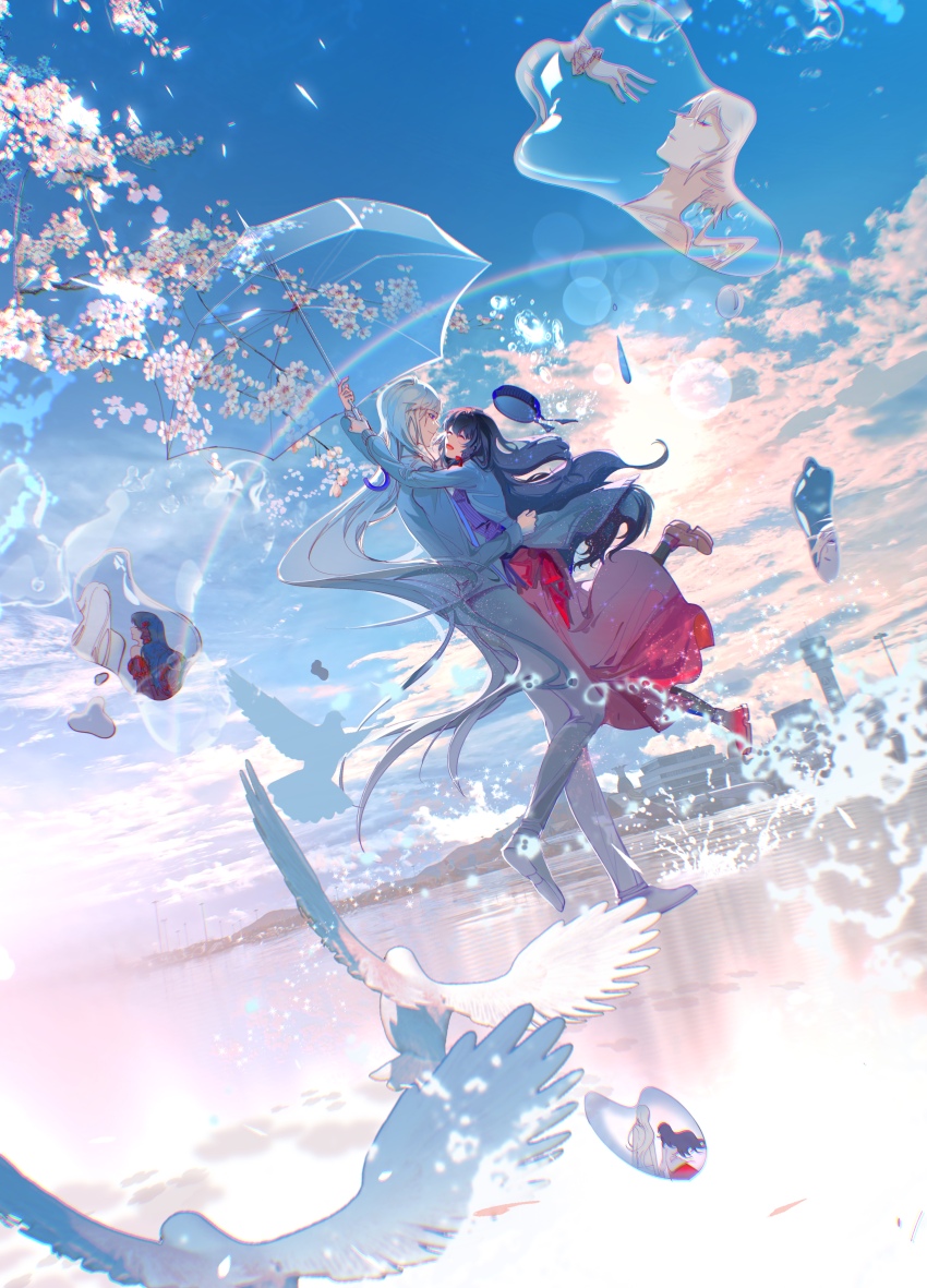 1boy, 1girl, :d, ^_^, absurdres, beret, bird, black_hair