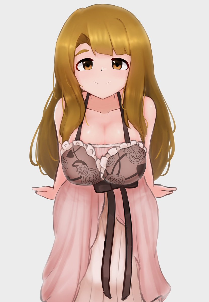 1girl, bare_arms, bare_shoulders, breasts, brown_eyes, brown_hair, cleavage, closed_mouth