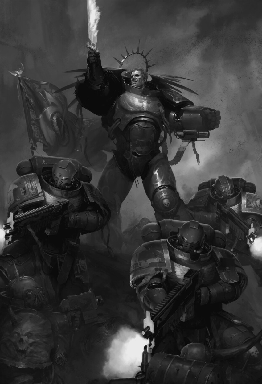 6+boys, adeptus_astartes, armor, armor_of_fate_(warhammer), battle, bird, blonde_hair, bug