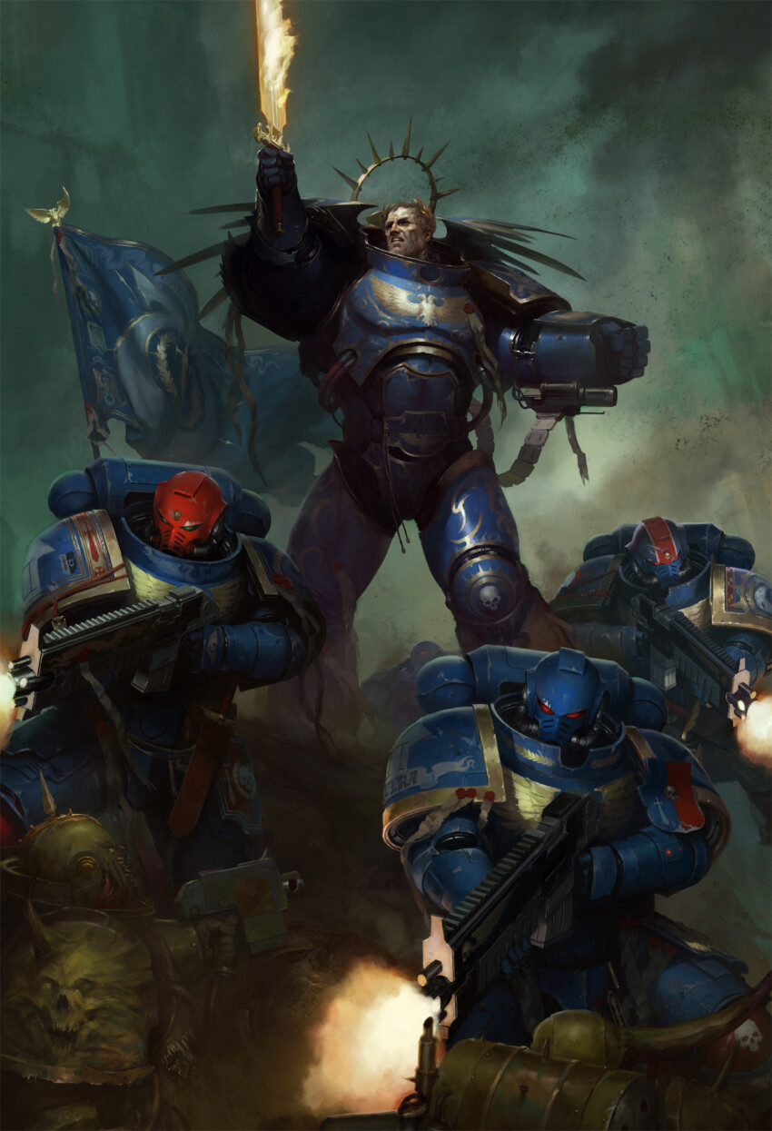 6+boys, adeptus_astartes, armor, armor_of_fate_(warhammer), battle, bird, blonde_hair, blue_armor