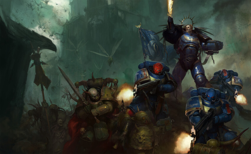 6+boys, adeptus_astartes, armor, armor_of_fate_(warhammer), battle, bird, blonde_hair, blue_armor, bug, chaos_(warhammer), chaos_space_marine, commentary, death_guard, eagle, emperor's_sword_(warhammer), english_commentary, firing, full_armor, halo, highres, holding, holding_bolter, igor_sid, imperial_aquila, imperium_of_man, laurel_crown, mechanical_halo, multiple_boys, official_art, outdoors, pauldrons, plague_marine, power_armor, primarch, purity_seal, red_eyes, roboute_guilliman, rot_fly, short_hair, shoulder_armor, solo_focus, standing, ultramarines, warhammer_40k, waving_flag