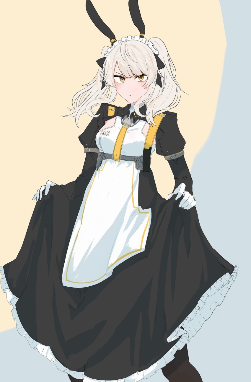 1girl, alternate_costume, animal_ears, asymmetrical_bangs, black_dress, closed_mouth, dress, fake_animal_ears