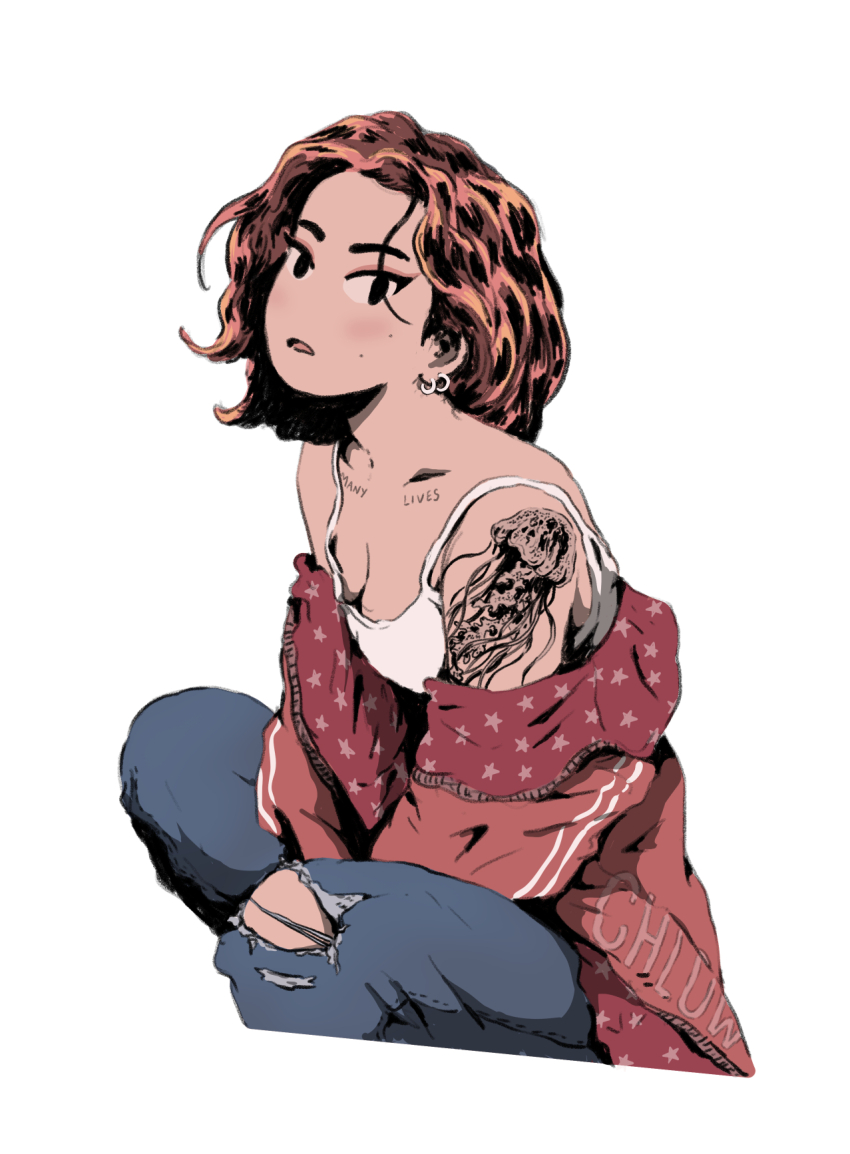 1girl, bare_shoulders, blue_pants, breasts, camisole, chlowski, cleavage, collarbone