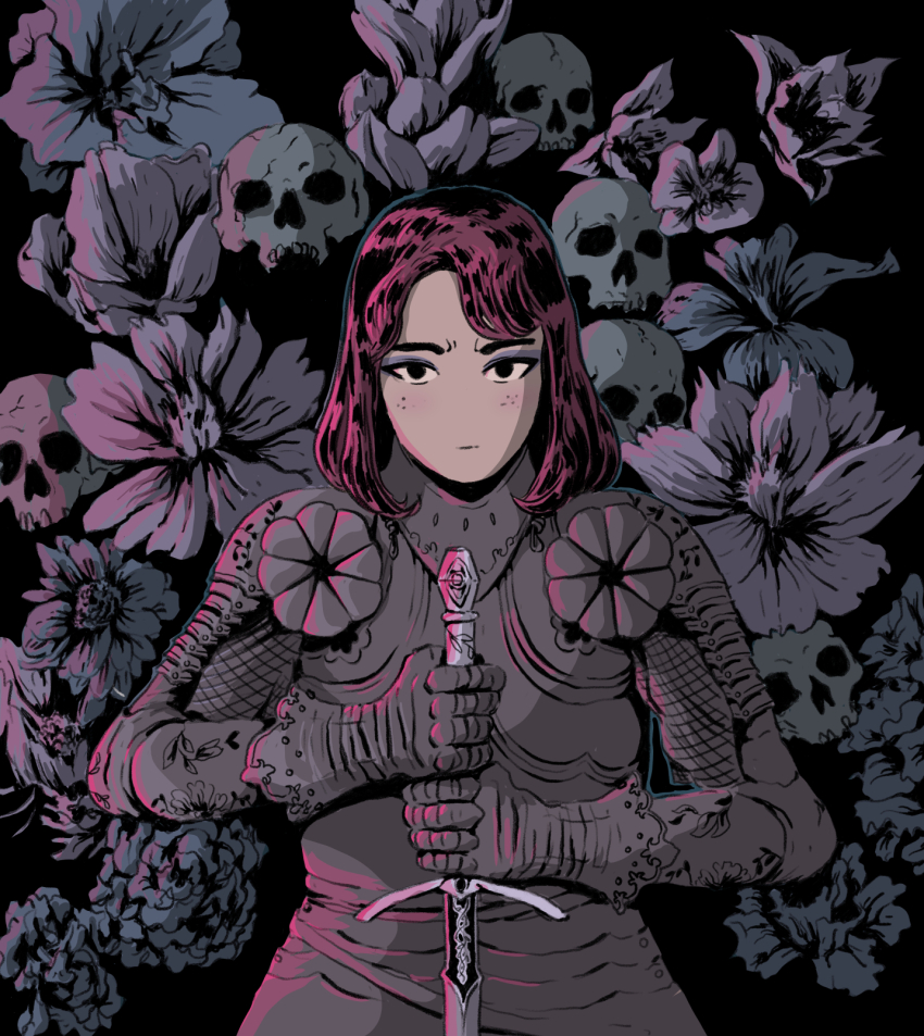 1girl, armor, black_eyes, chlowski, commentary, english_commentary, expressionless, flower, gauntlets, highres, holding, holding_sword, holding_weapon, looking_at_viewer, medium_hair, original, planted, planted_sword, planted_weapon, skull, solo, standing, straight-on, sword, weapon