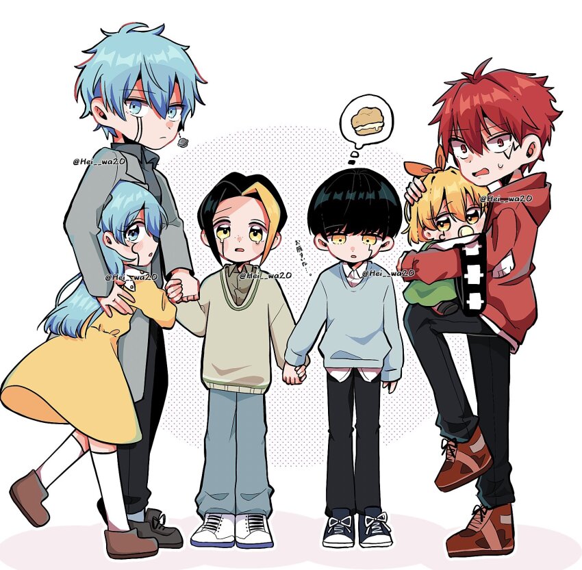 2girls, 4boys, aged_down, anna_crown, baby, black_hair, black_pants, blonde_hair