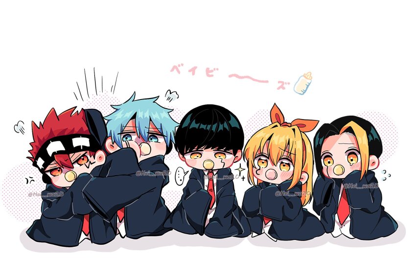 1girl, 4boys, baby, baby_bottle, black_hair, black_robe, blonde_hair, blue_eyes