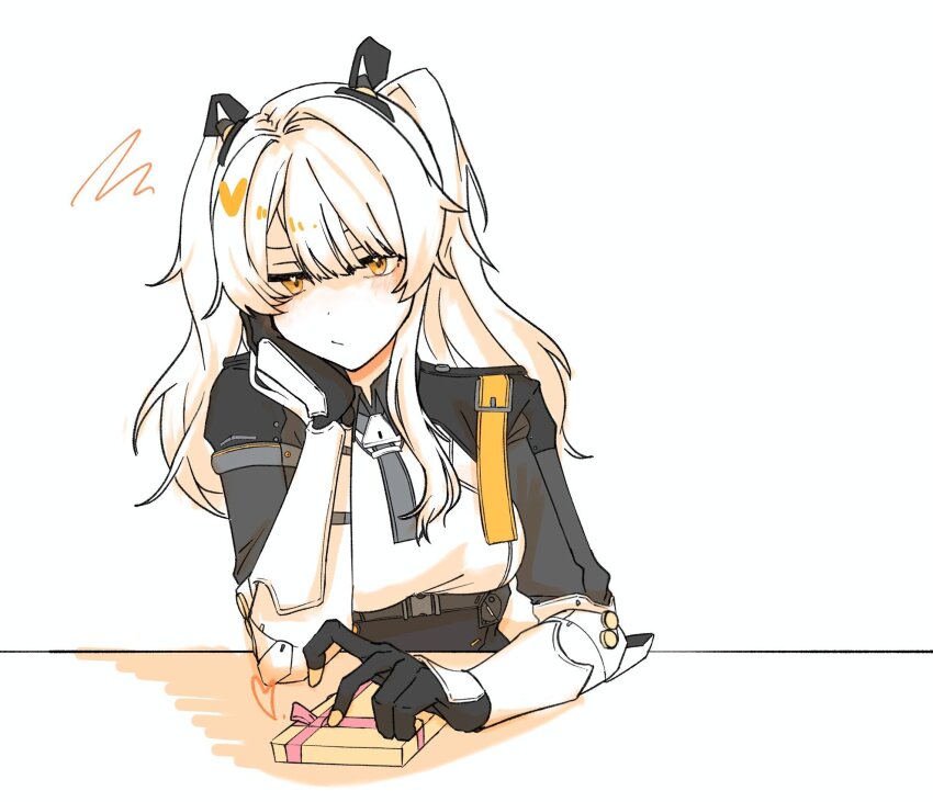 1girl, animal_ears, black_bodysuit, bodysuit, fake_animal_ears, gift, hand_on_own_face, headgear, highres, joints, karenina:_scire_(pgr), karenina_(pgr), long_hair, mechanical_arms, mu_2_ka_4_1, multicolored_bodysuit, orange_eyes, punishing:_gray_raven, rabbit_ears, robot_joints, solo, twintails, two-tone_bodysuit, white_bodysuit, white_hair