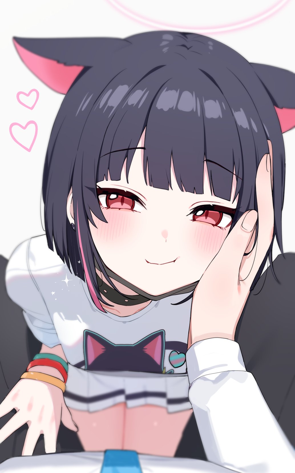 1boy, 1girl, animal_ears, black_choker, black_pants, blue_archive, blurry, blush