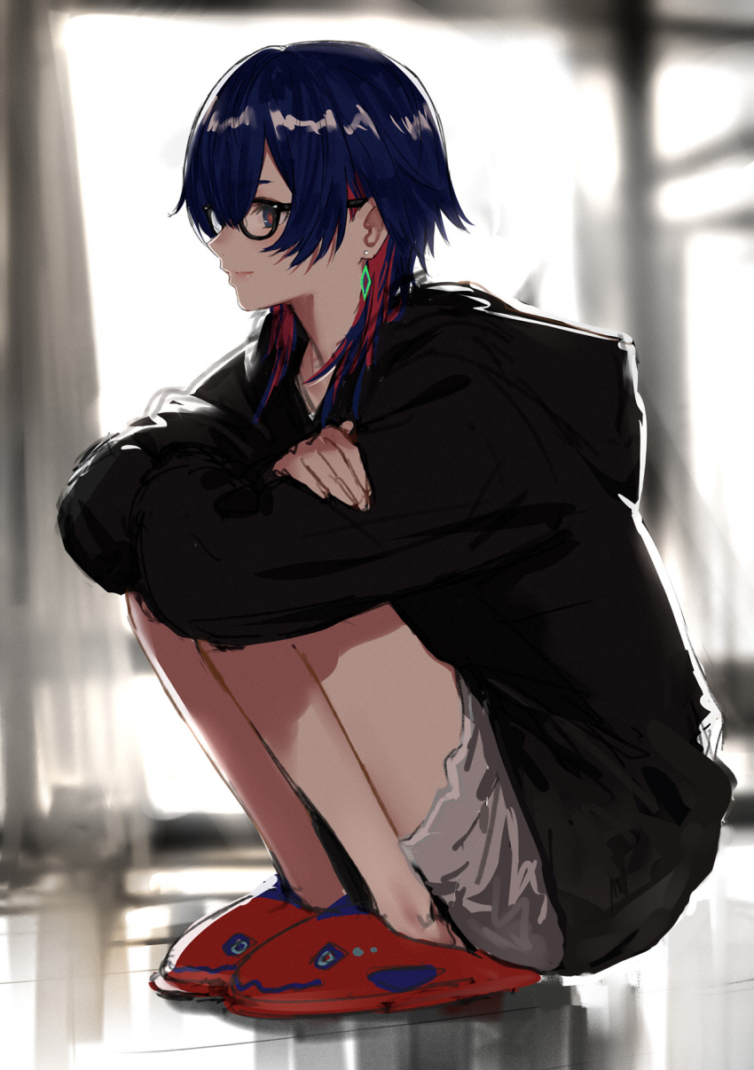 1girl, alternate_costume, animal_slippers, arms_on_knees, black_hoodie, bloom, blue_eyes, blue_hair