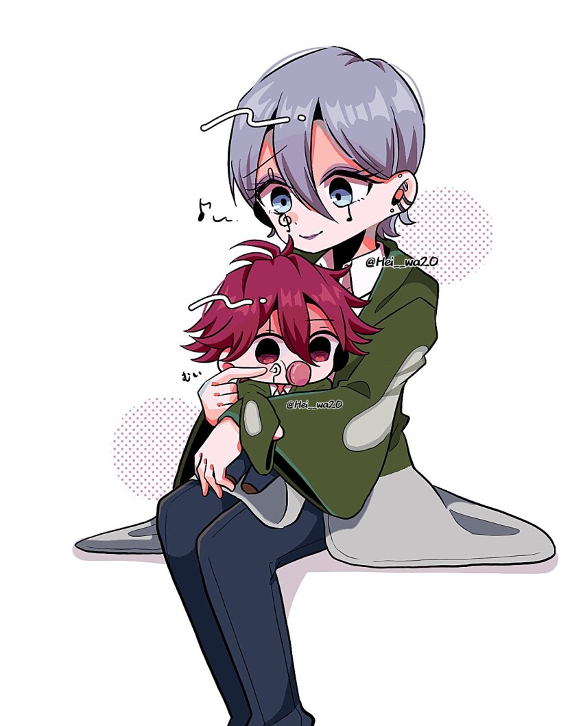2boys, baby, black_pants, carpaccio_luo-yang, collared_shirt, earrings, facial_mark, green_robe