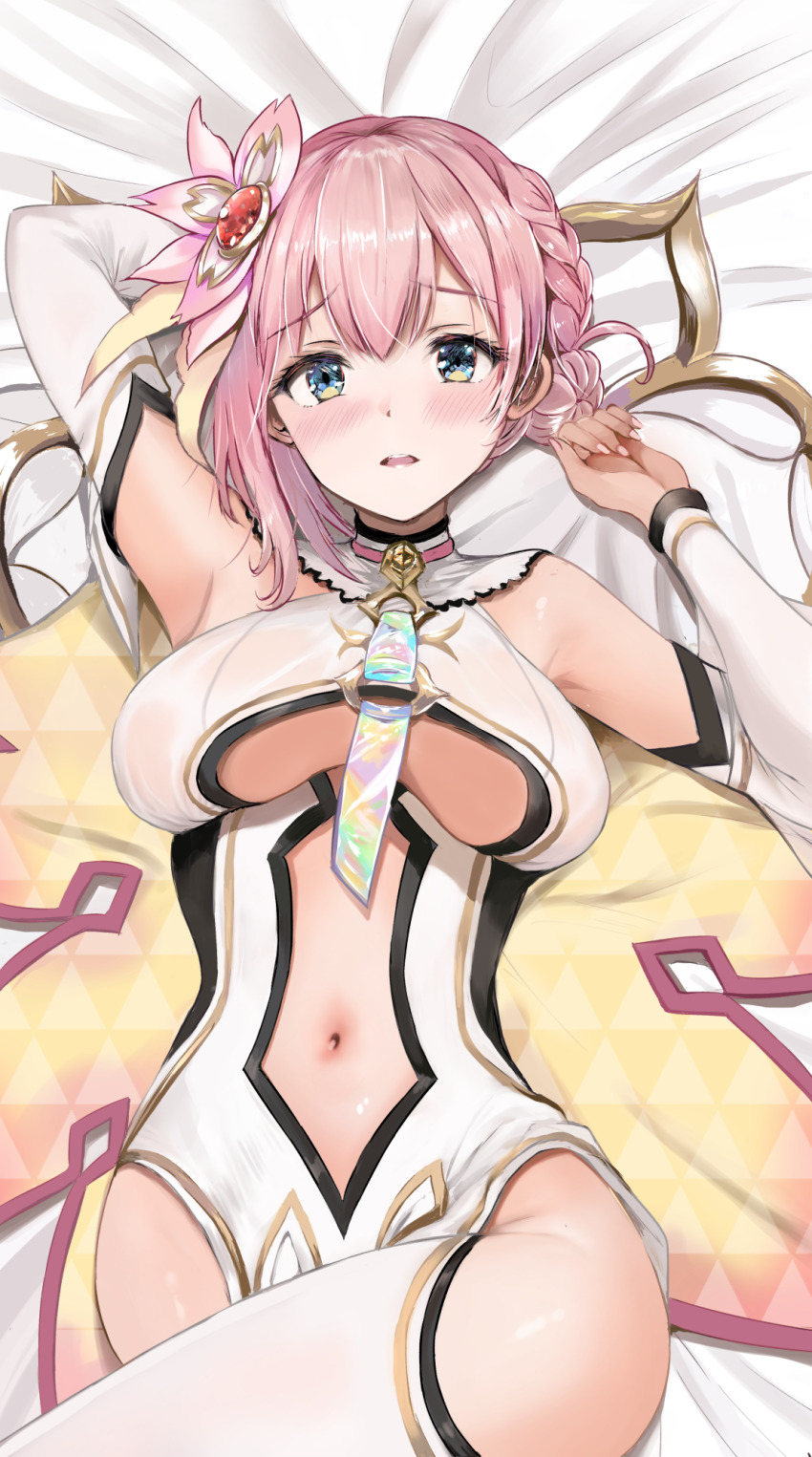 1girl, bed_sheet, blue_eyes, braid, braided_bun, breasts, clothing_cutout, dakimakura_(medium)