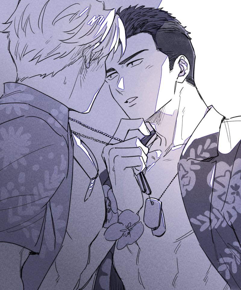 2boys, ao_isami, black_hair, blonde_hair, couple, dog_tags, earbuds, earphones