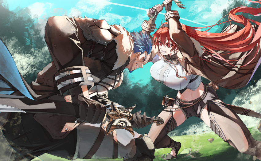 1boy, 1girl, absurdres, aged_up, ahoge, arm_wrap, arms_up, battle, belt, black_hairband, black_pants, blue_eyes, blue_hair, blue_sky, breasts, brown_belt, brown_footwear, brown_gloves, brown_jacket, brown_shorts, brown_thighhighs, clenched_teeth, cloud, commentary, commission, cropped_shirt, day, eris_greyrat, facial_hair, flats, floating_hair, fur-trimmed_jacket, fur_trim, gal_farion, gloves, goatee, hair_between_eyes, hairband, highres, holding, holding_sheath, holding_sword, holding_weapon, jacket, knee_pads, large_breasts, long_hair, long_sleeves, marbo_(saico556), midriff, mushoku_tensei, navel, open_clothes, open_jacket, outdoors, pants, pixiv_commission, red_eyes, red_hair, scabbard, scar, scar_on_face, sheath, shirt, short_hair, short_shorts, shorts, sidelocks, skindentation, sky, sleeveless, sleeveless_shirt, standing, sword, teeth, thick_eyebrows, thighhighs, underbust, unshaved_face, unsheathing, very_long_hair, weapon, white_shirt