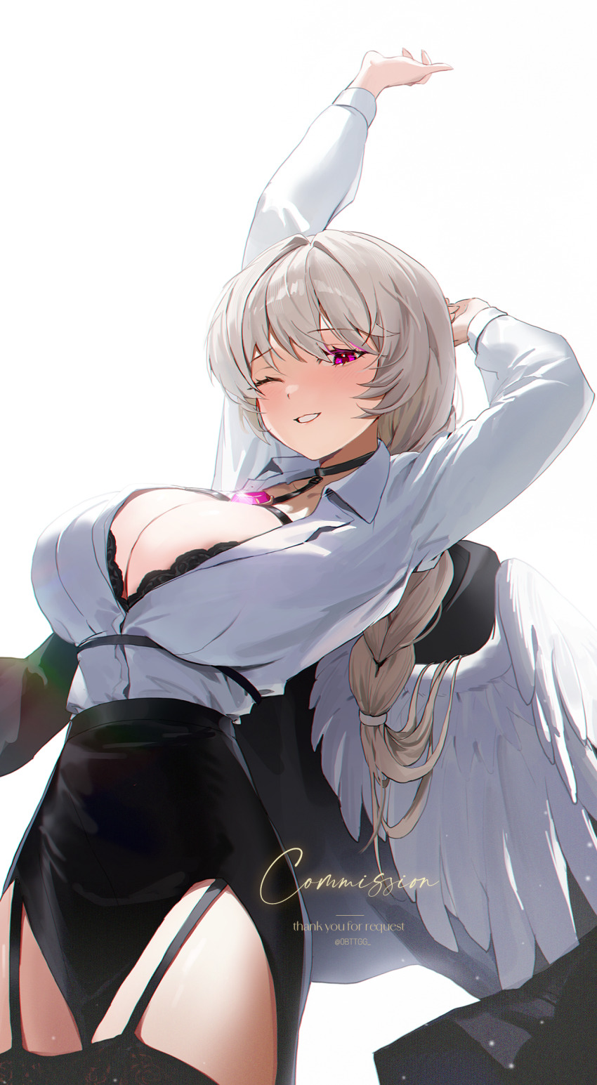 1girl, angel_wings, arm_behind_head, arms_up, black_bra, black_choker, black_skirt, black_thighhighs