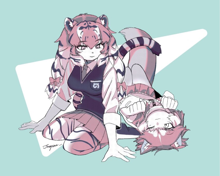 2girls, animal_ears, breasts, closed_mouth, collared_shirt, dog_(kemono_friends), full_body, hair_between_eyes, highres, jmeysan, kemono_friends, long_hair, long_sleeves, looking_at_another, looking_down, medium_breasts, multiple_girls, one_eye_closed, open_mouth, paw_pose, pleated_skirt, shirt, siberian_tiger_(kemono_friends), sitting, skirt, smile, vest