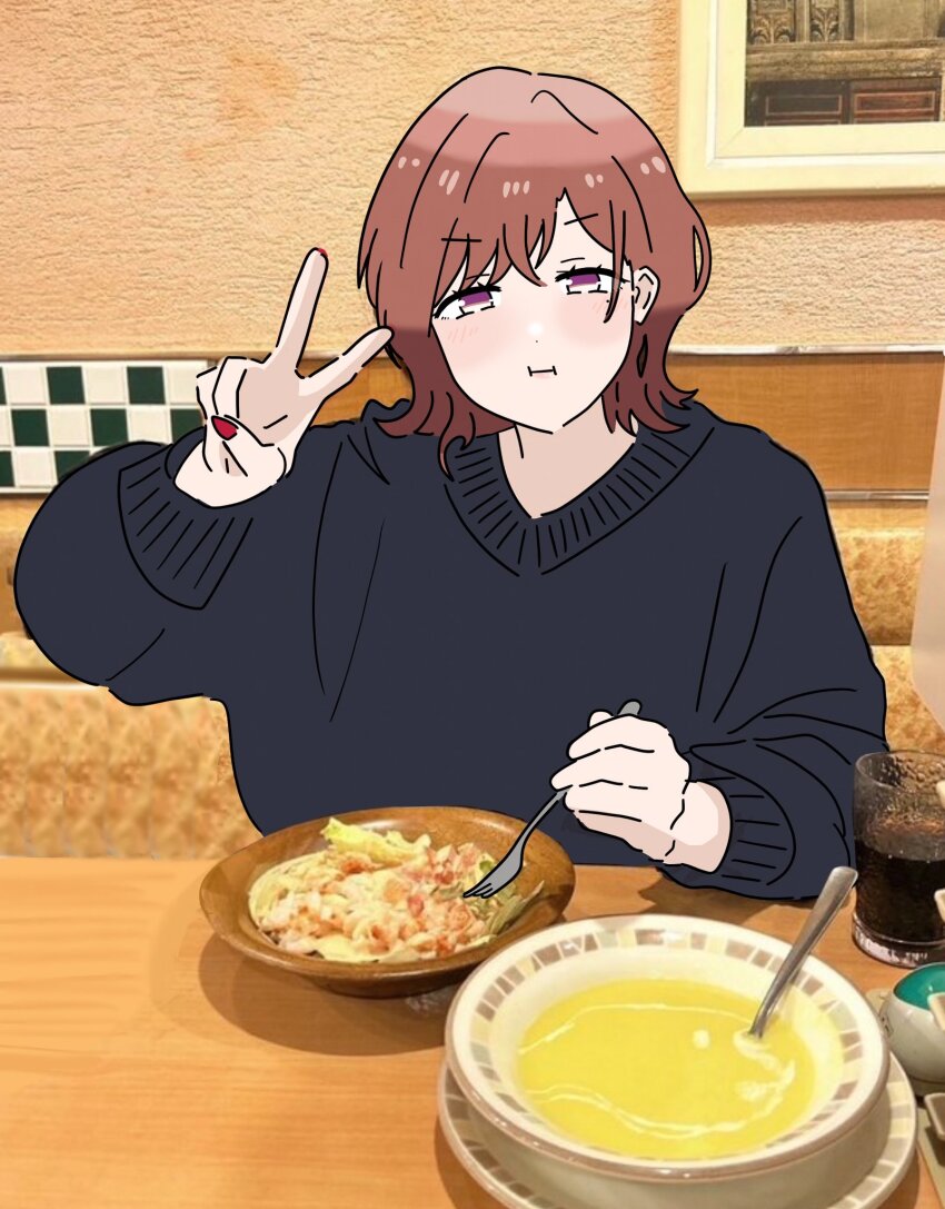 1girl, :i, black_sweater, brown_hair, cola, fingernails, food, fork, highres, higuchi_madoka, holding, holding_fork, idolmaster, idolmaster_shiny_colors, long_sleeves, looking_at_viewer, mole, mole_under_eye, moyamoyashiz02, nail_polish, photo-referenced, photo_background, red_eyes, restaurant, saizeriya, salad, sitting, solo, soup, sweater, tsuchiya_rio, v, voice_actor_connection