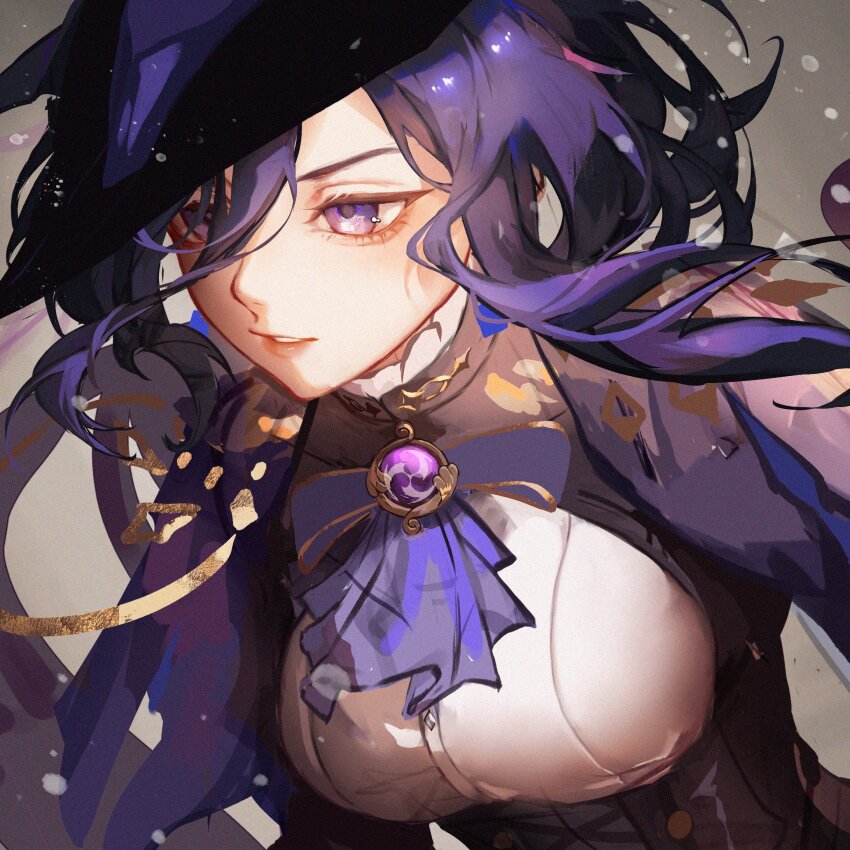 1girl, ascot, clorinde_(genshin_impact), commentary, genshin_impact, hat, highres, long_hair