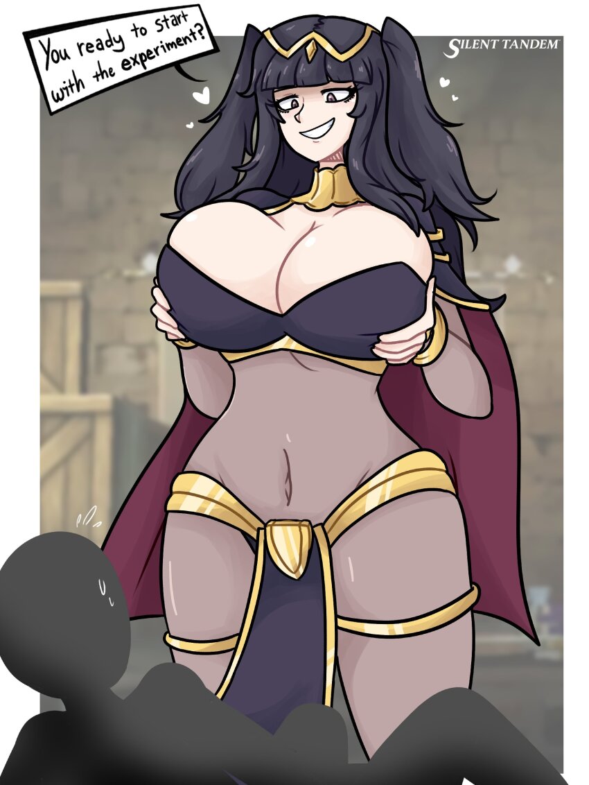 1girl, absurdres, artist_request, black_hair, bodystocking, breast_lift, breasts, cleavage, fire_emblem, highres, large_breasts, loincloth, long_hair, navel, nintendo, silenttandem, smile, stomach, tharja_(fire_emblem), two_side_up