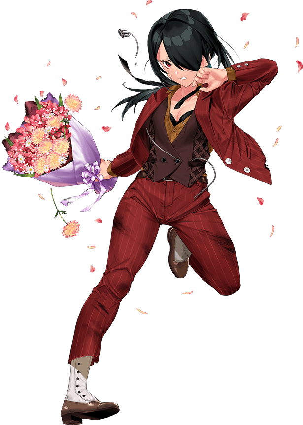 1girl, black_hair, black_ribbon, black_vest, bouquet, brown_footwear, brown_shirt, burnt_clothes