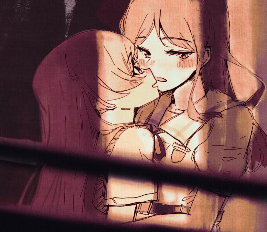 2girls, bang_dream!, bang_dream!_it's_mygo!!!!!, blush, brown_hair, chihaya_anon, commentary, eye_contact