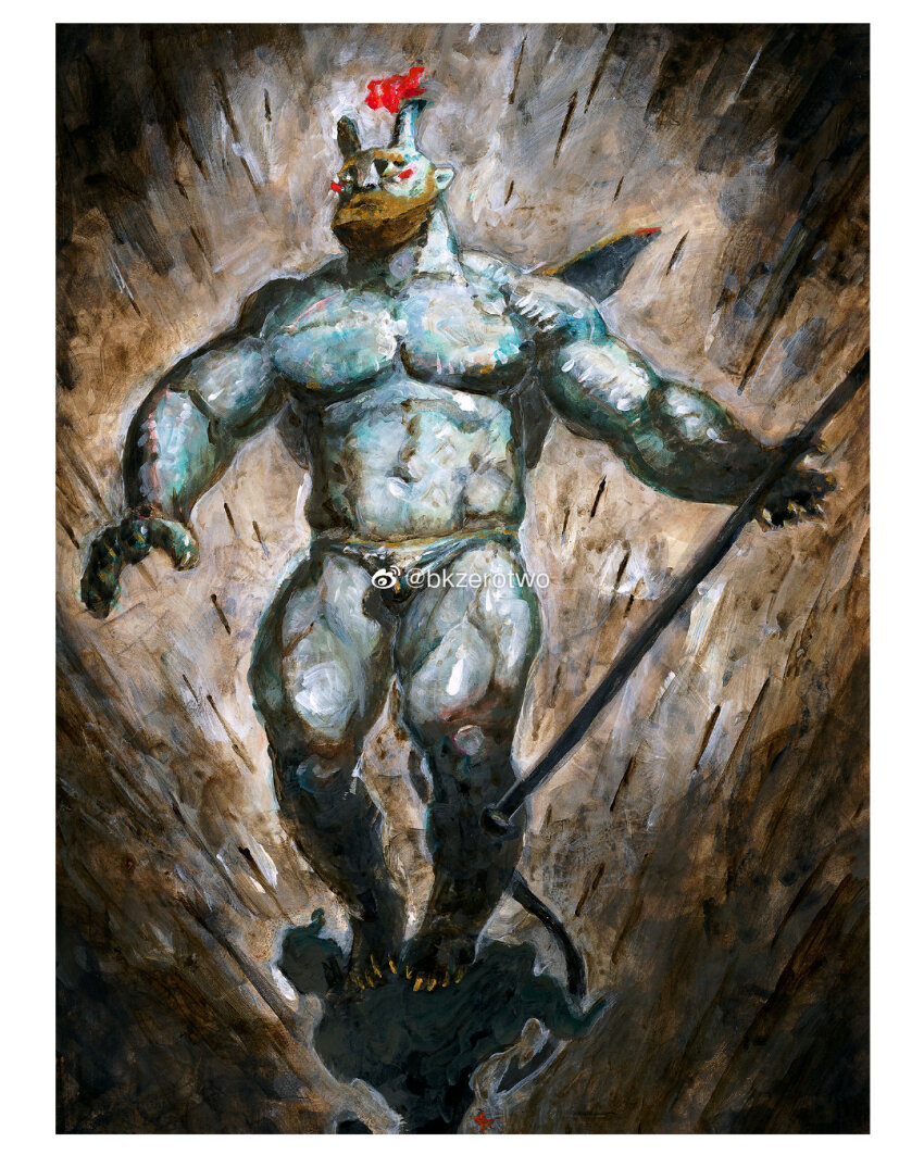 1boy, abs, bara, beard, bk_zerotwo, blanc_shine_(bk_zerotwo), blue_skin, blush_stickers