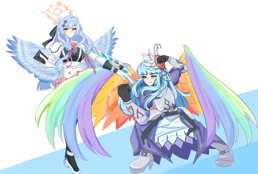 2girls, absurdres, angel, angel_wings, armor, armored_dress, blue_archive, blue_dress