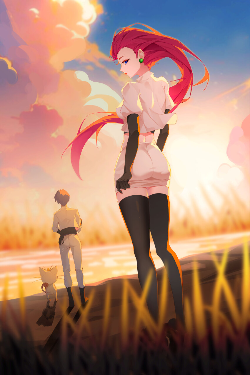 1boy, 1girl, absurdres, ass, black_footwear, black_gloves, blue_eyes, boots