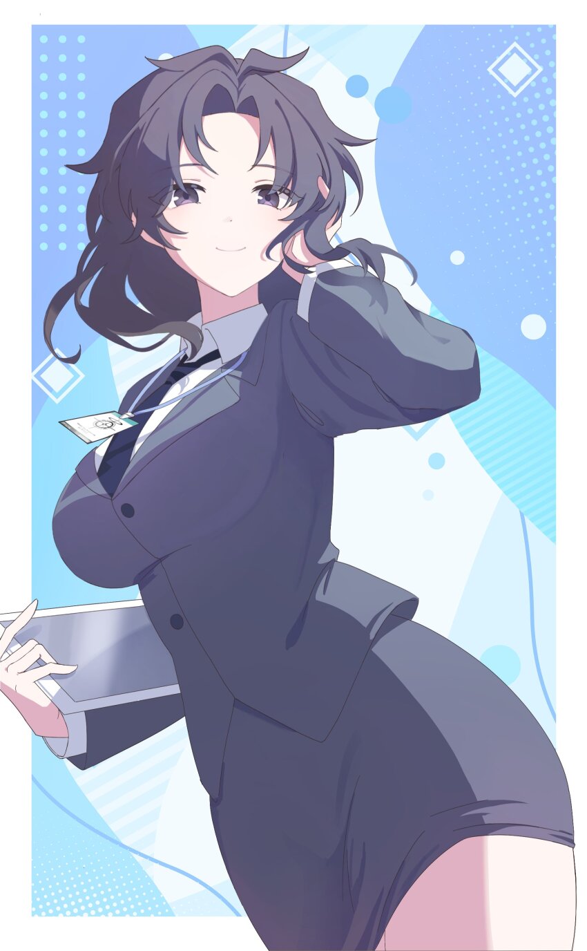 1girl, absurdres, alternate_hair_length, alternate_hairstyle, black_eyes, black_hair, black_necktie, blue_archive, blue_archive_the_animation, blue_background, border, breasts, closed_mouth, coat, collared_shirt, commentary_request, dogae, female_sensei_(blue_archive), genderswap, genderswap_(mtf), grey_coat, grey_skirt, highres, holding, holding_tablet_pc, id_card, large_breasts, long_hair, long_sleeves, looking_at_viewer, miniskirt, necktie, outside_border, pencil_skirt, sensei_(blue_archive), sensei_(blue_archive_the_animation), shirt, skirt, smile, solo, tablet_pc, white_border, white_shirt