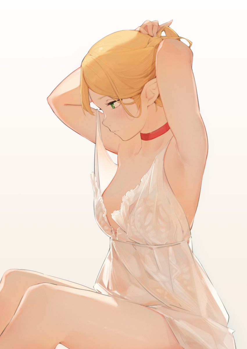 1girl, absurdres, arms_behind_head, blonde_hair, breasts, choker, commentary, dungeon_meshi, elf, english_commentary, feet_out_of_frame, gravity-q, green_eyes, half-closed_eyes, highres, light_blush, marcille_donato, medium_breasts, nightgown, pointy_ears, red_choker, see-through_clothes, solo, tying_hair, white_background