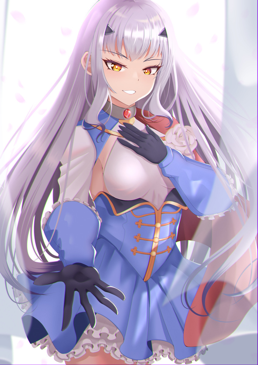 1girl, absurdres, aiguillette, black_gloves, blue_cape, blue_dress, blush, breasts