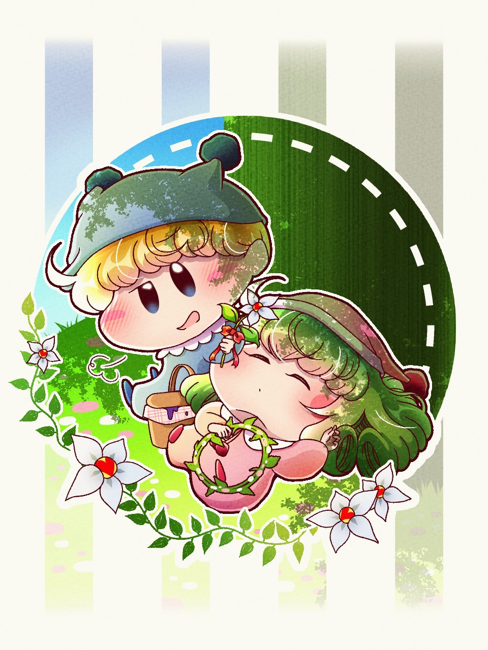 1boy, 1girl, blonde_hair, blue_hat, blue_pajamas, blush_stickers, commentary_request, flower