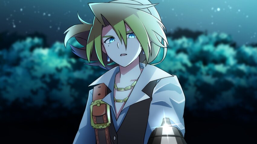 1boy, aiming, anime_coloring, aqua_eyes, belt_buckle, blonde_hair, blurry, blurry_background