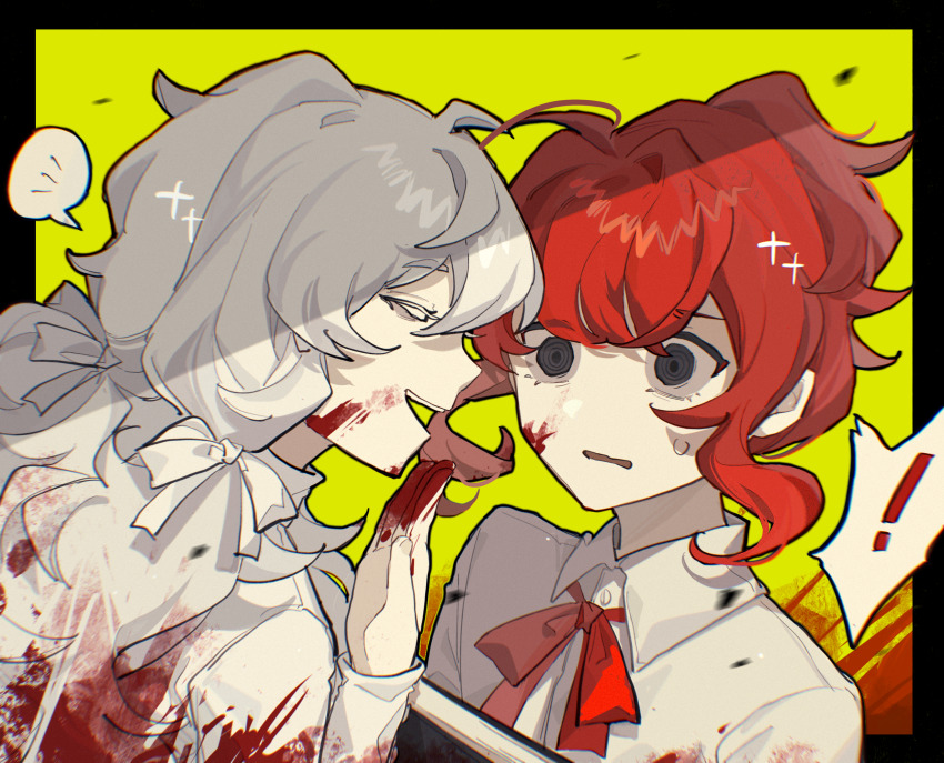 !, 2girls, :d, blood, blood_on_clothes, blood_on_face, blood_on_hands, book