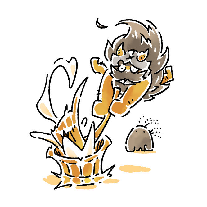 1boy, bara, beard, bowl, brown_hair, creature, deformed, dungeon_meshi