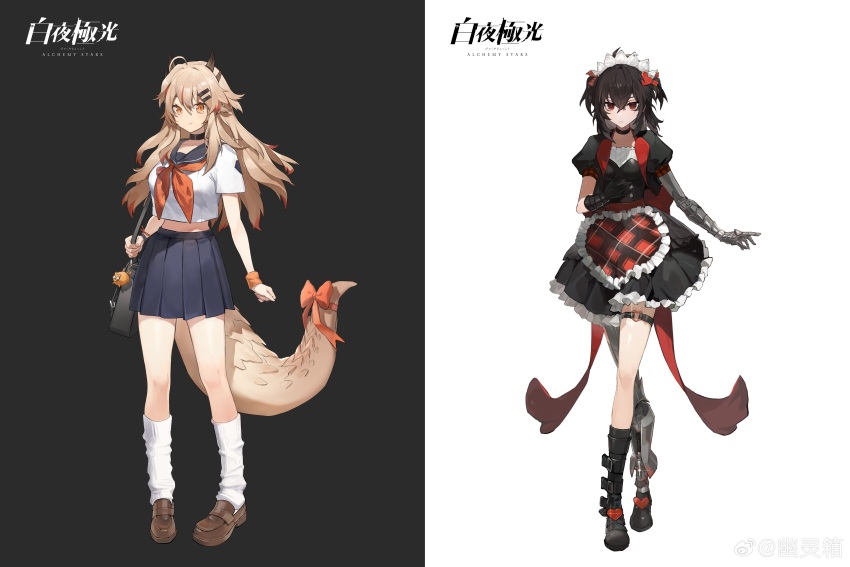 2girls, absurdres, ahoge, alchemy_stars, apron, back_bow, bag, bag_charm