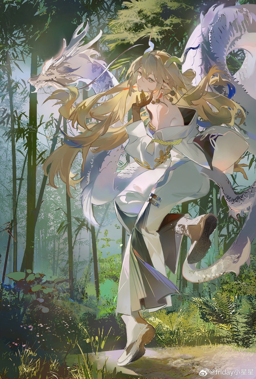 1girl, absurdres, arknights, bamboo, bare_shoulders, blonde_hair, blue_hair, blue_horns