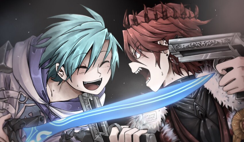 blue_hair, blush, commentary, dark_background, dual_wielding, ear_piercing, earrings, english_commentary