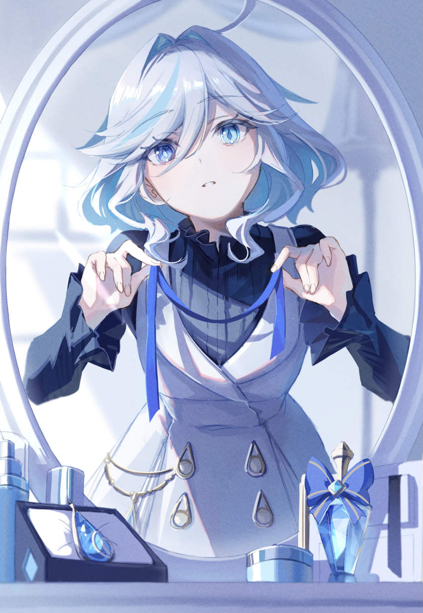 1girl, absurdres, alternate_costume, blue_eyes, blue_gem, blue_hair, blue_sweater, coat