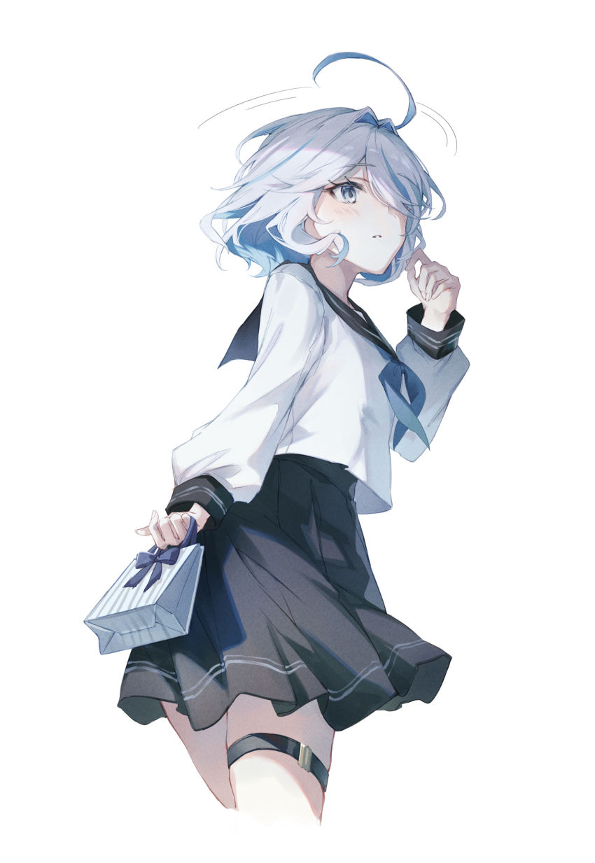 1girl, absurdres, ahoge, arm_at_side, bag, black_sailor_collar, black_skirt, blue_hair