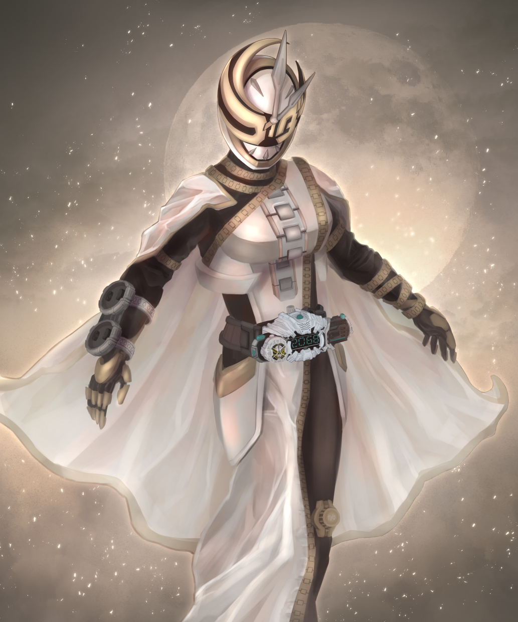 1girl, armor, asymmetrical_armor, black_bodysuit, bodysuit, clock_hands, dress, gold_gloves