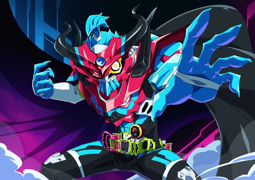 1boy, alternate_costume, alternate_form, armor, belt, black_bodysuit, black_cape, blue_armor