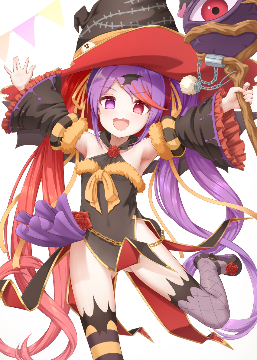 1girl, absurdres, armpits, asymmetrical_legwear, black_dress, black_footwear, black_hat, black_sleeves, chain, commentary_request, detached_sleeves, dress, fishnet_thighhighs, fishnets, flat_chest, flower, frilled_sleeves, frills, fur-trimmed_sleeves, fur_trim, gluteal_fold, gplnbeat, hair_ornament, hair_ribbon, hat, heterochromia, highres, holding, holding_staff, light_blush, loli, long_hair, looking_at_viewer, misaki_(halloween)_(princess_connect!), misaki_(princess_connect!), multicolored_hair, no_panties, official_alternate_costume, open_mouth, outstretched_arms, princess_connect!, purple_eyes, purple_hair, red_eyes, red_flower, red_hair, red_rose, ribbon, rose, side_slit, sidelocks, smile, solo, staff, standing, standing_on_one_leg, striped_clothes, striped_thighhighs, thighhighs, thighs, twintails, two-tone_hair, very_long_hair, wing_hair_ornament, witch_hat, yellow_ribbon